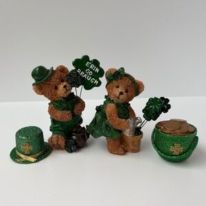 VTG Ceramic Resin Teddy Bears St Patrick’s Day Erin Go Braugh Teddies Shamrock